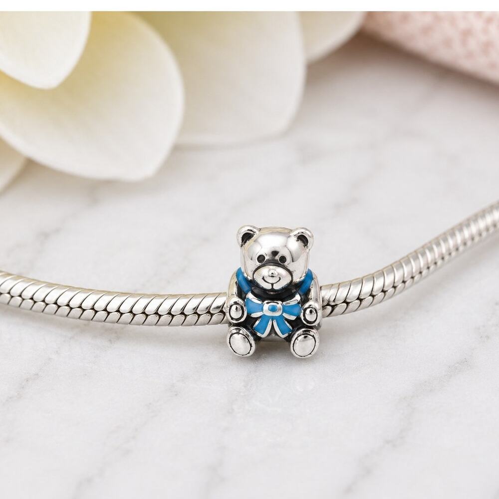 PANDORA Teddy Bear Blue Bow It's a Boy Sterling Silver Charm 925 ALE Retired